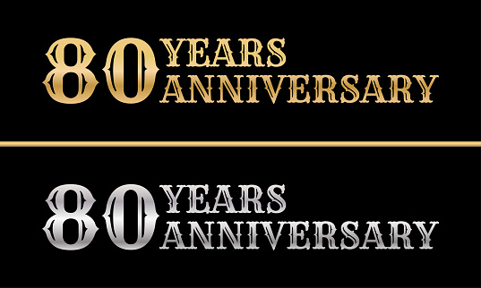 80 years logo. 80th anniversary celebration design. Birthday, invitation, jubilee golden and silver sign or symbol. Vector illustration.