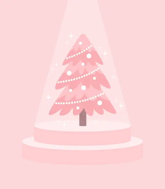 Vector illustration of Pink Christmas tree with garland and decorations on a pedestal under a spotlight on a pink background. Flat vector illustration