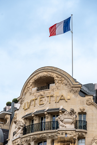 Paris, France - November 8, 2023: Facade of the Lutetia hotel. The Lutetia is a luxury art nouveau style hotel located on Boulevard Raspail in the 6th arrondissement of Paris, France