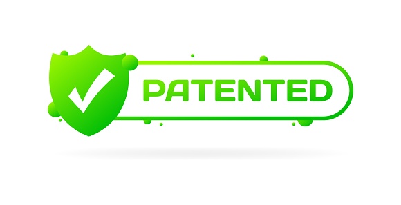 Patented sign. Flat, green, shield with a tick, green plate, patented sign. Vector icon