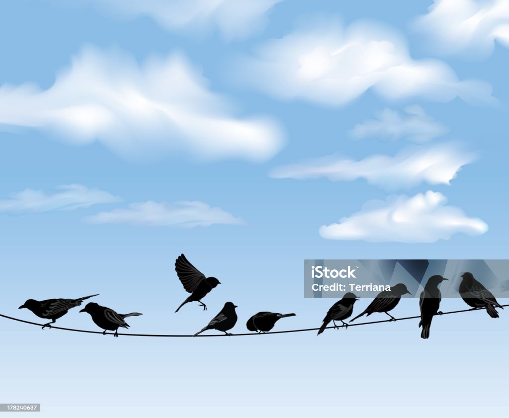 Bird icon set. Sky background. Vector illusrtation Set of birds ыilhouette sitting on wires over blue sky background. A vector illustration Bird stock vector
