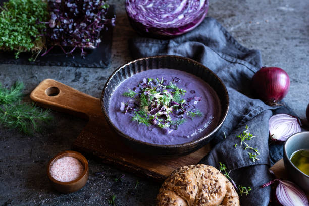 istock Creamy red cabbage soup topped with herbs 1782406869