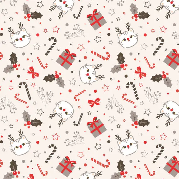 Vector illustration of Christmas Seamless pattern with cute cats
