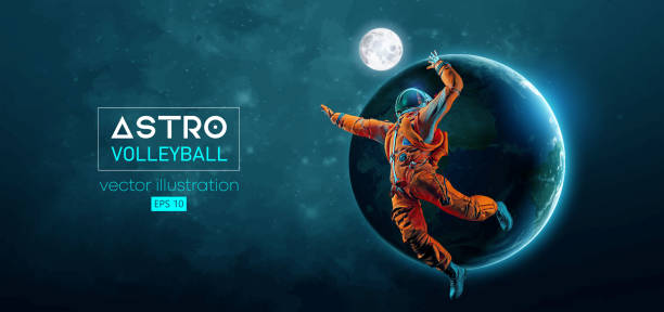 istock Abstract silhouette of a volleyball player astronaut in space action and Earth, Mars, planets on the background of the space. Volleyball player astronaut hits the ball. Vector 3d render illustration 1782416594