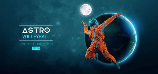 istock Abstract silhouette of a volleyball player astronaut in space action and Earth, Mars, planets on the background of the space. Volleyball player astronaut hits the ball. Vector 3d render illustration 1782416598
