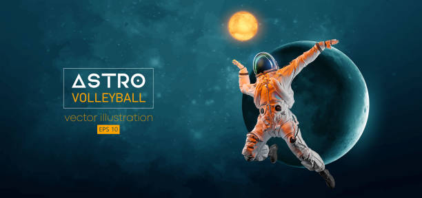 istock Abstract silhouette of a volleyball player astronaut in space action and Earth, Mars, planets on the background of the space. Volleyball player astronaut hits the ball. Vector 3d render illustration 1782416601