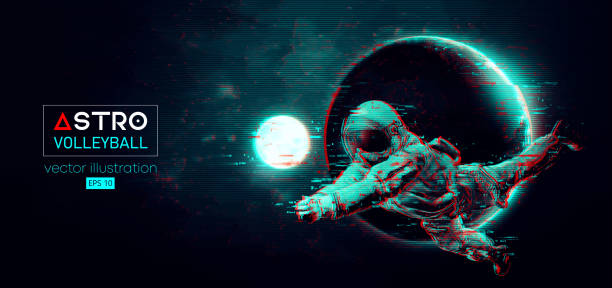 istock Abstract silhouette of a volleyball player astronaut in space action and Earth, Mars, planets on the background of the space. Volleyball player astronaut hits the ball. Vector 3d render illustration 1782416612