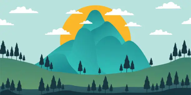 Vector illustration of vector landscape mountain illustration shades in flat style, silhouette of Pine trees and bright blue sky and white clouds orange sun