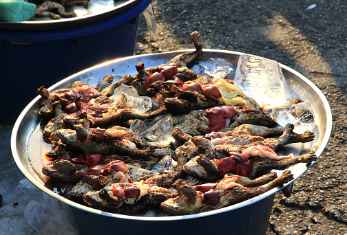 Several roast frogs sold in trays at the market.