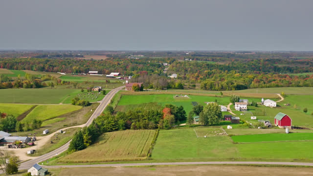 Aerial Establishing Shot of Fields in Hillsboro, Wisconsin on Overcast Day