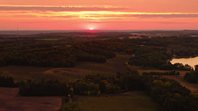 Leftward Retreating Aerial of Farmland in Oceana County, Michigan at Dawn