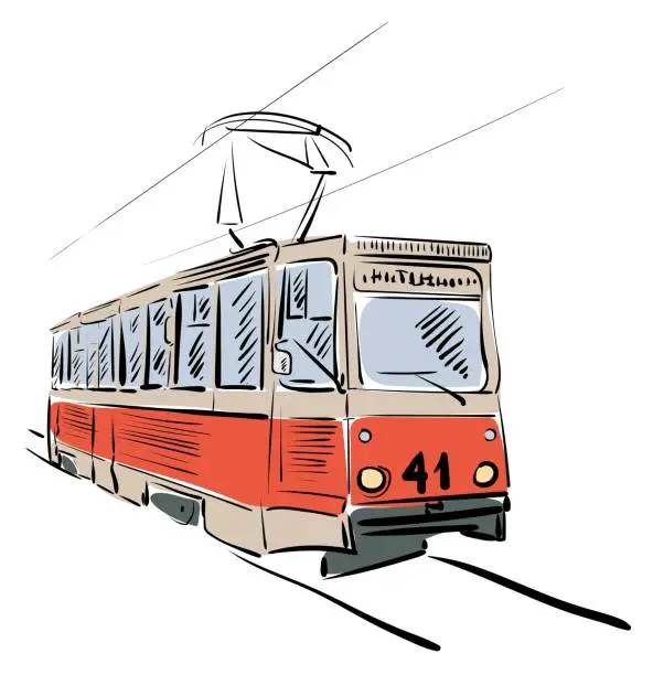 Vector illustration of A red electric tram on a city street