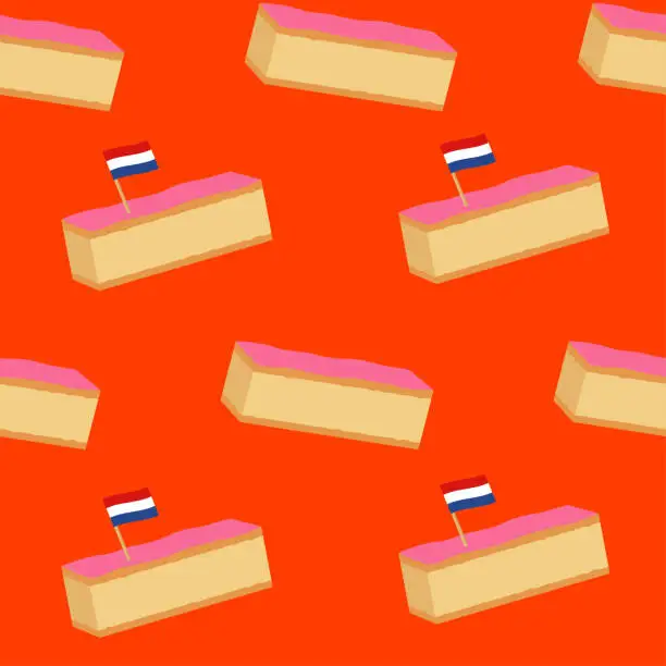 Vector illustration of Seamless background wish traditional Dutch cake.  Pink tompouce, traditional Dutch pastry. Holiday in the Netherlands king's day