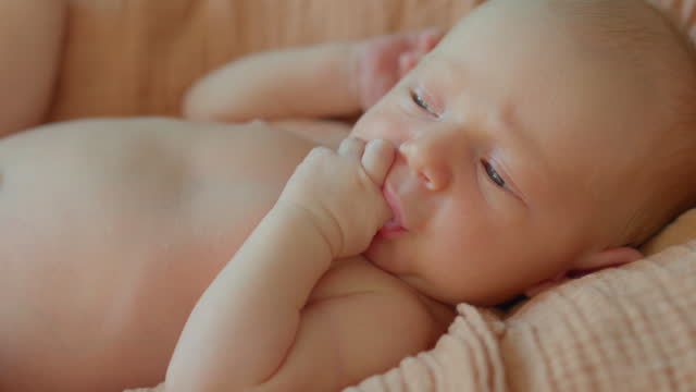 A newborn baby is captured in a close-up shot, lying peacefully in a cradle and gently sucking on his tiny finger. This heartwarming footage encapsulates the precious early moments of a new life, radiating a feeling of tenderness and the boundless wonder