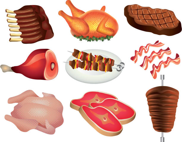 ilustrações de stock, clip art, desenhos animados e ícones de populares vector conjunto de produtos à base de carne - roast beef illustrations