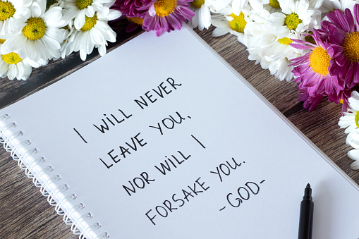 I will never leave you, nor will I forsake you, God. Encouraging Christian verse handwritten in notebook with flowers. Jesus Christ's promise, mercy, grace and love concept. Hebrews 13:5 text.