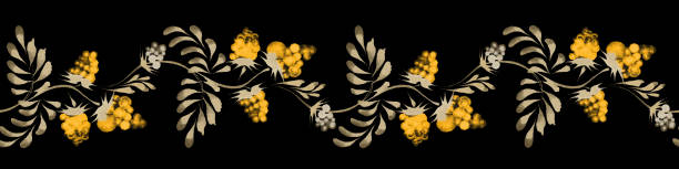 kwiatowy bezszwowy wzór obramowania z ręcznie rysowanych złotych owoców malin, gałązek i złotych liści na czarnym tle - black background panoramas fall flowers stock illustrations