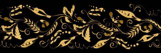 kwiatowy bezszwowy wzór obramowania z ręcznie rysowanych złotych gałązek wyki, kwiatów i strąków złotego groszku na czarnym tle - black background panoramas fall flowers stock illustrations