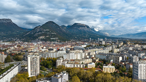 Agglomeration of Grenoble in France and its environment with buildings seen by drone
