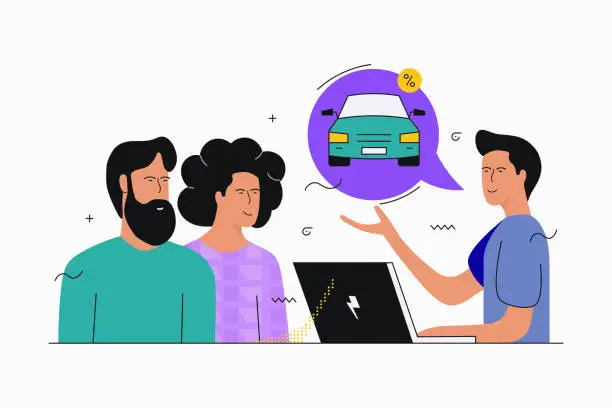 Vector illustration of Couple male female character buying new car and store salesman offering car to them. Car rental sales service concept. Simple stylish design with great colours.