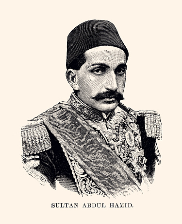 Abdulhamid or Abdul Hamid II (1842 – 1918) was the 34th sultan of the Ottoman Empire. Authentic vintage engraving circa late 19th century. Digital restoration, non AI, by Pictore.