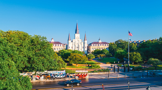 Aerial view of Jackson square with St. Louis Cathedra in French Quarter, New Orleans