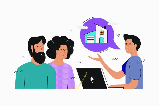 Vector illustration of The real estate agent sells the house to the couple who bought the house. , Mortgage and Home Buying Concept. Cartoon People Vector Illustration