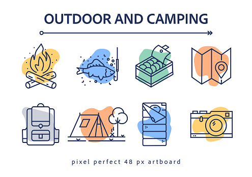 Outdoor And Camping Related Vector Banner Design Concept. Global Multi-Sphere Ready-to-Use Template. Web Banner, Website Header, Magazine, Mobile Application etc. Modern Design.