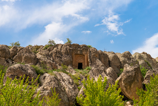 Ayazini stone church in the Phrygian Valley. Historical ancient Phrygian (Phrygia, Gordion) Valley. Ayazini metropolis is popular tourist attraction in the Turkey travel area. Afyonkarahisar