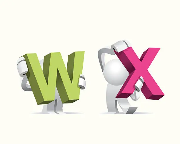 Vector illustration of Simplified man Presenting Big Giant Alphabet W & X