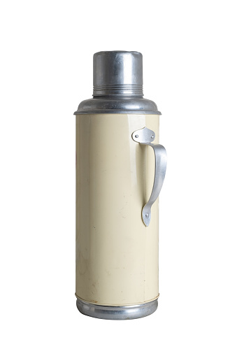 Old Chinese vacuum flask in retro style on white background. Glass flask for hot drinks