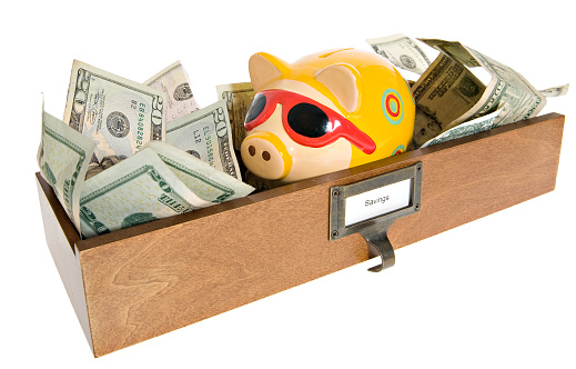 Piggy Bank and Cash Money in a  Box Labeled \