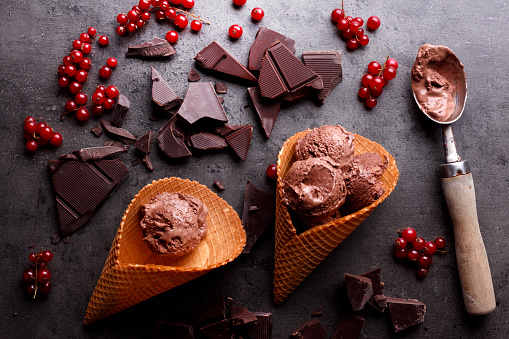 Homemade chocolate ice cream with currant