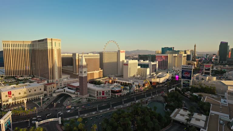 Rightward Trucking Drone Shot of Las Vegas Strip at Sunset