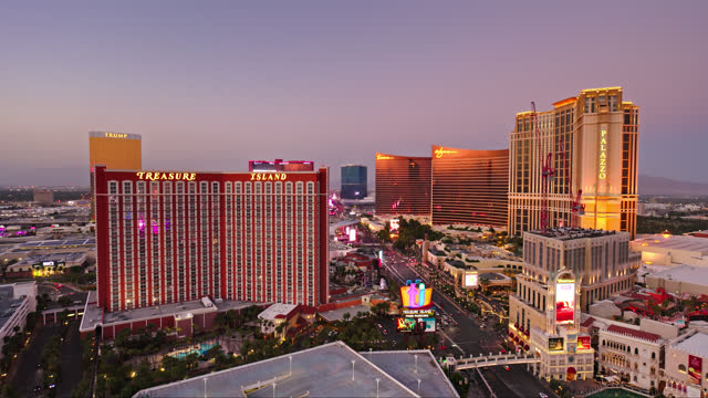 Hotels Along Vegas Strip at Dusk - Aerial