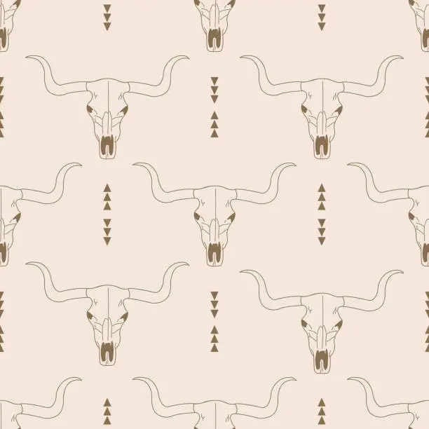 Vector illustration of Boho style seamless pattern with bull skuls. Western themed hand drawn background.