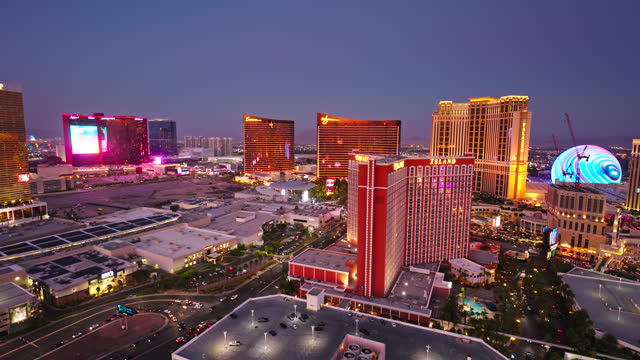 Shopping Mall and Hotels in Las Vegas at Twilight - Aerial