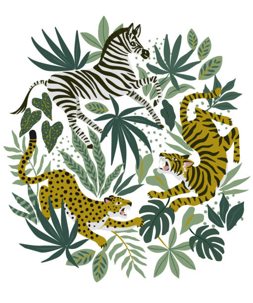 istock Tiger, leopard and zebra on tropical background. Safari animal print. Fashionable fabric design. 1782598687