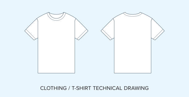 Editable Line Art Vector of Classic T-Shirt, Isolated Background. Detailed Black & White Clothing Schematics, Two Sides of Garment, Front and Back Designs.