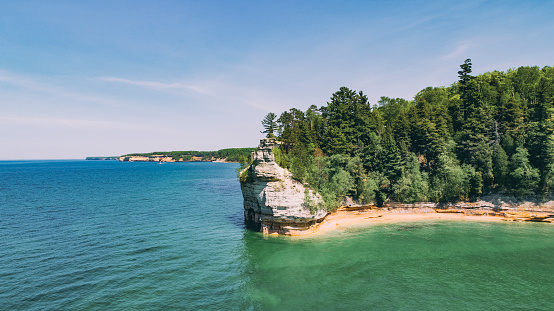 Aerial view of  Miners Castle rock Upper Peninsula Michigan US