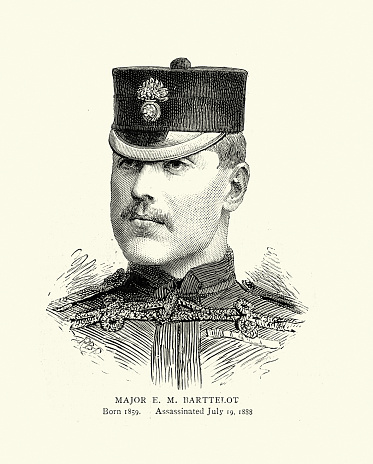 Vintage illustration Major Edmund Musgrave Barttelot, a British army officer, 1880s, 19th Century. who became notorious after his allegedly brutal and deranged behaviour during his disastrous command of the rear column in the Congo during Henry Morton Stanley's Emin Pasha Relief Expedition. He has often been identified as one of the sources for the character of Kurtz in Joseph Conrad's novel Heart of Darkness.