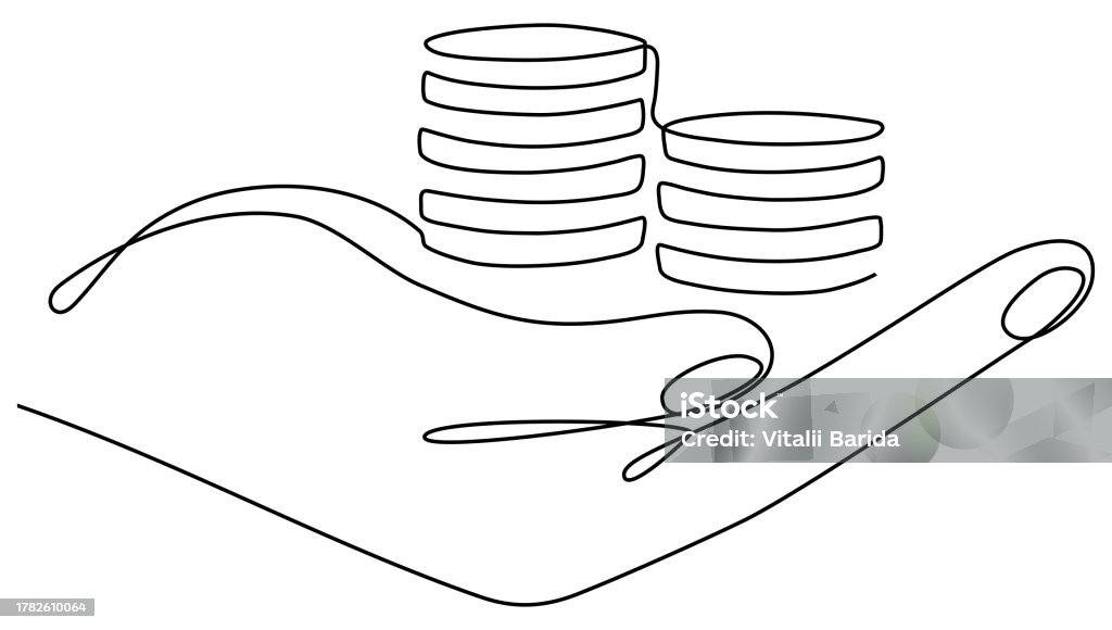 Hand Holding Coins Stack Continuous One Line Drawn Stock Illustration