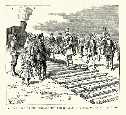 Vintage illustration Russians in Central Asia, Laying the railway tracks, transcaspian railway from Caspin sea to Samarkand, 1880s, 19th Century