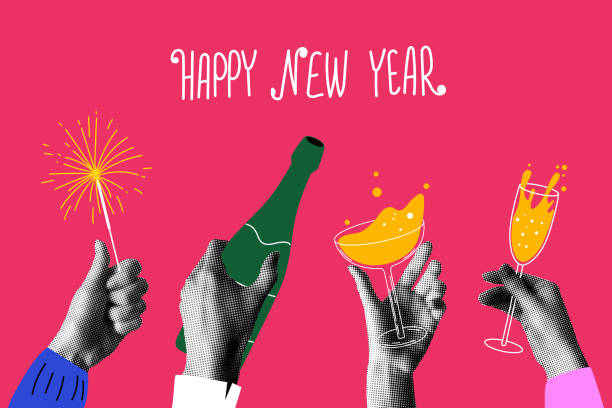 Group people drink champagne. Hands holding glasses Group people drink wine, champagne. Halftone hands holding glasses, sparklers, bottle of champagne. People celebrate event together. New Year or Christmas party. Modern collage. Newspaper elements celebratory-toast stock illustrations