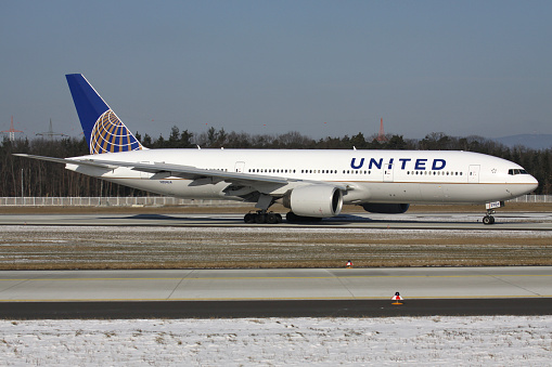 Kelsterbach, Germany - February 11, 2012: United Airlines Boeing 777-200 with registration N204UA just landed on runway 07L of of Frankfurt Airport.