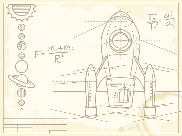 Blueprint of a spaceship with planets vector art illustration