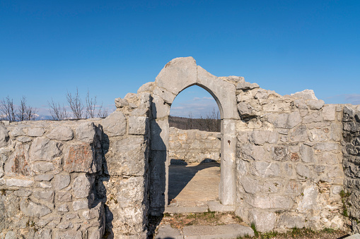 Main entrance and arches of the Roman Amphitheater of Merida, declared World Heritage Site by Unesco, Archaeological Ensemble of Merida