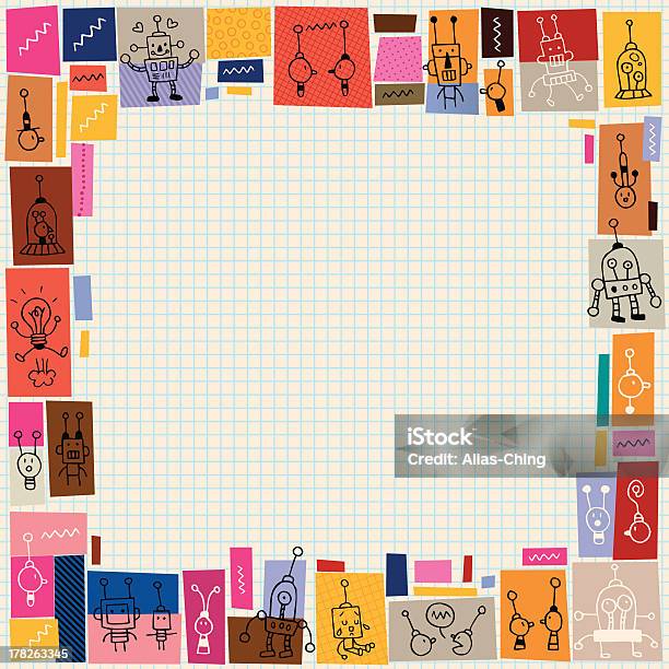 Bordo Doodle Simpatico Robot Collage - Immagini vettoriali stock e altre immagini di Sfondi - Sfondi, Foglio a righe, Blocco per appunti