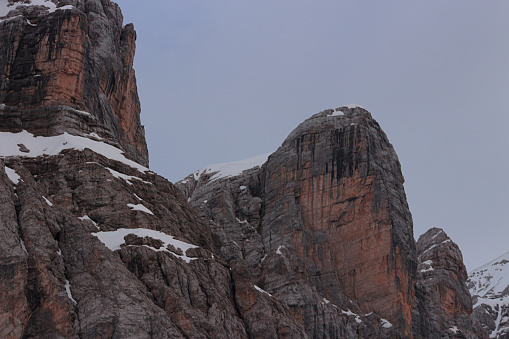 Frozen detail of the top of Monte Civetta and of the in winter. Cadore, Dolomites, Italy. Horizontal view.
