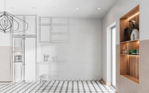 istock Modern kitchen and dining room with table and chairs on retro tiled floor , half an architectural sketch (plan of an architect for a client) half empty, unfurnished 3D rendered image 1782673594